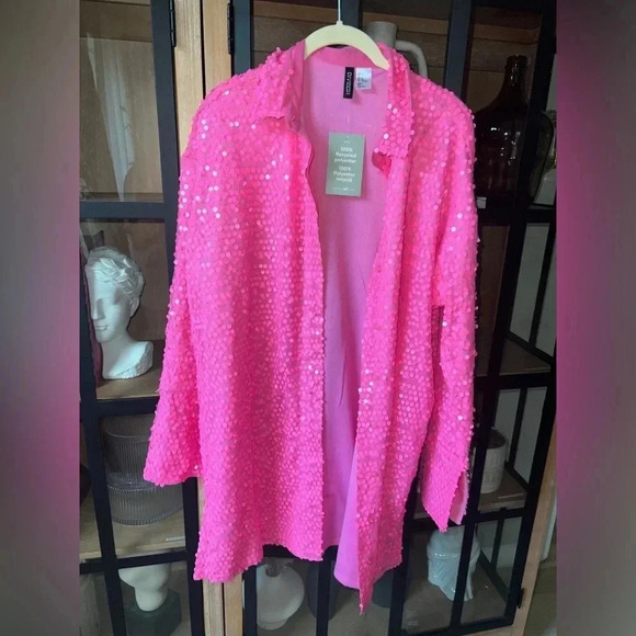 H&M pink sequins shirt mini dress button down Barbiecore long sleeve eras tour - Picture 7 of 8